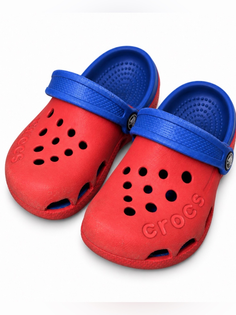 CROCS Kids Red Clogs with Blue Heel Strap